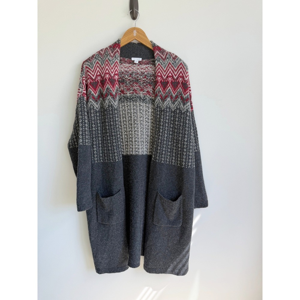 J. Jill Women's Fair Isle Long Cardigan Sweater Open Front Nordic Boho Pockets
